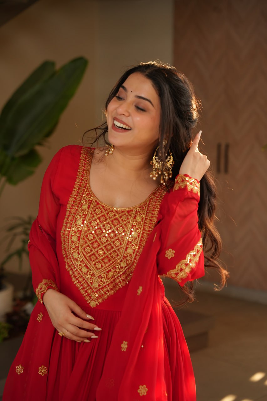 Women's Radiant Red Anarkali Suit Set with Golden Zari & Sequin Embroidery β Perfect for Festive & Wedding Occasions