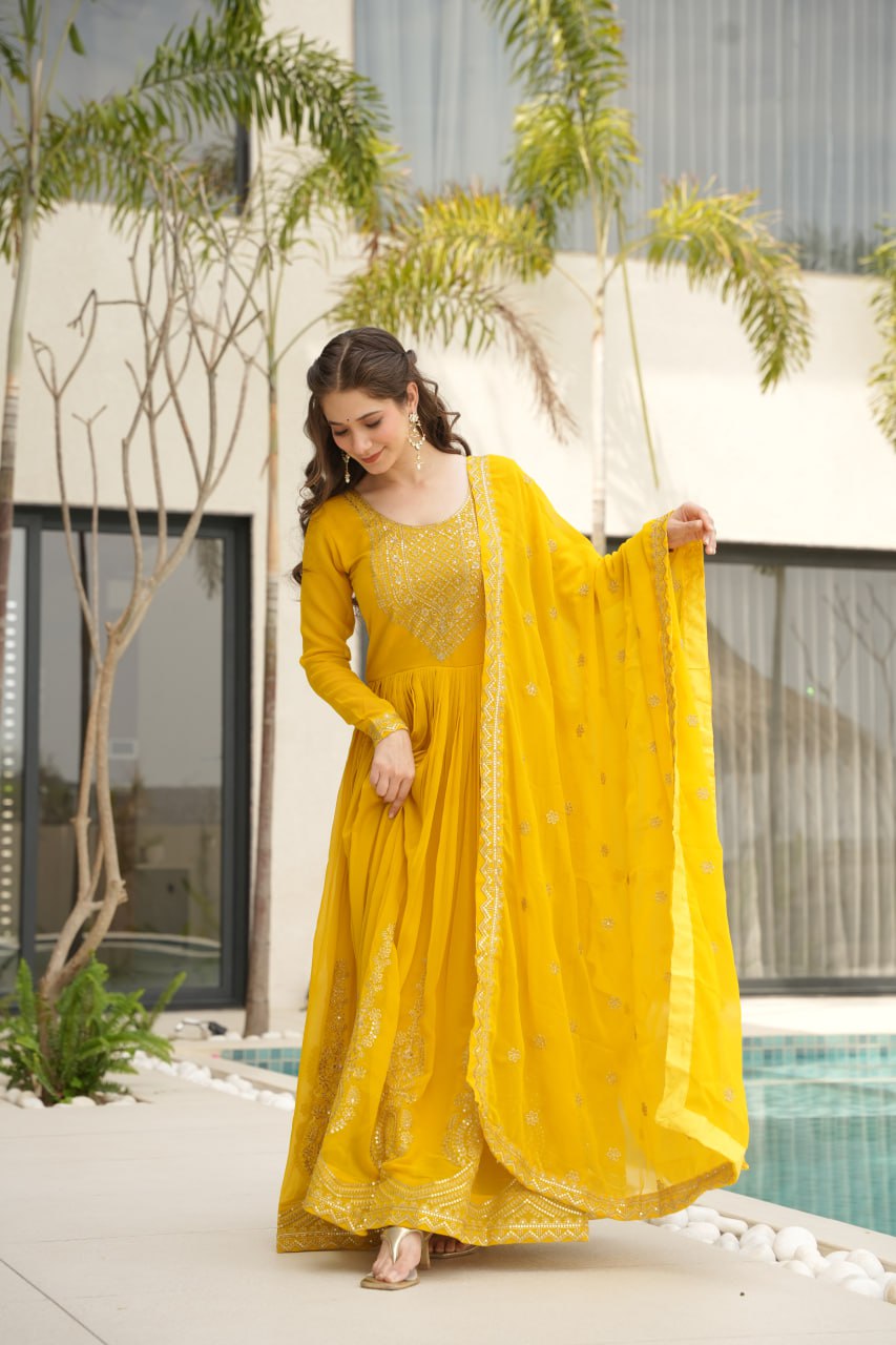 Women's Radiant Red Anarkali Suit Set with Golden Zari & Sequin Embroidery β Perfect for Festive & Wedding Occasions - Image 4